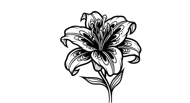 Black and white illustration of a detailed lily flower  