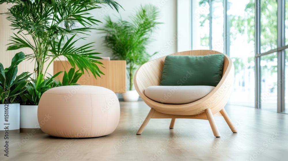 Poster a modern chair and ottoman placed against a backdrop of lush greenery, creating a serene space that 
