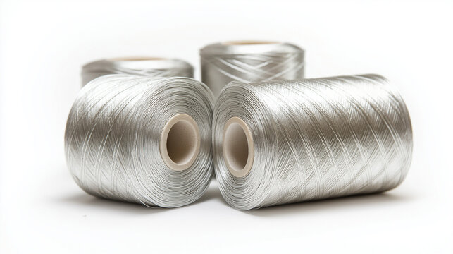 spools of grey thread for spinning, isolated on a white background.