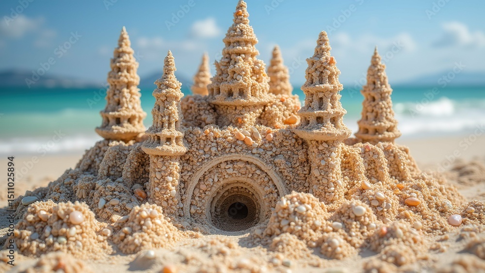 Poster sandcastle beach ocean background sandcastle various types seashells pebbles creating unique intrica