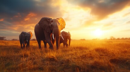 A captivating scene of elephants grazing at sunset reveals the beauty and magnificence of wildlife while highlighting the harmony between nature and its creatures.