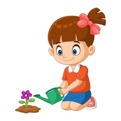 cartoon girl watering flower plants