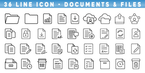 Collection of line icons depicting various documents and file-related concepts for digital use and design.Editable stroke.
