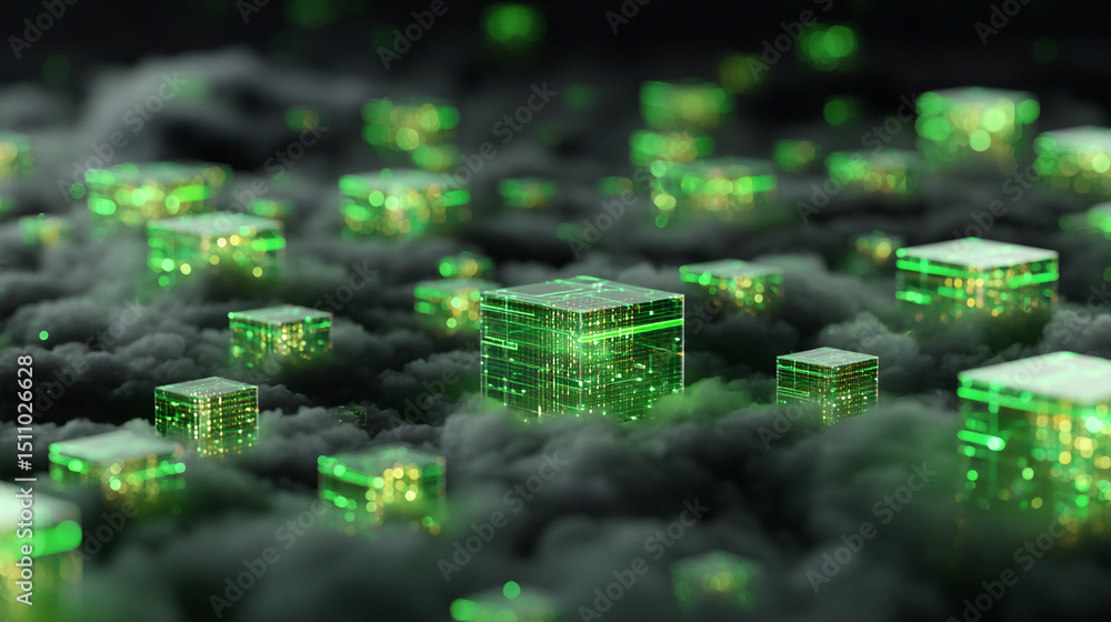 Poster green glowing cubes in dark smoky environment, representing digital data storage or cloud computing,