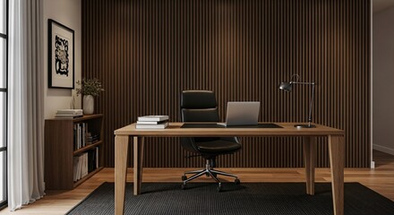 Fototapeta premium A sophisticated office interior featuring a desk, chair, and bookshelf