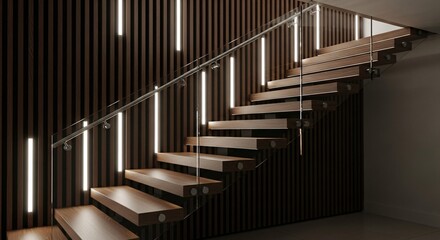 An elegant staircase with modern design and warm lighting, leading upward and showcasing the beauty of architecture