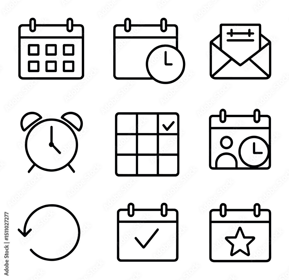 Poster calendar icon set. outline icon set of calendar and scheduling tools: month view calendar, day view 