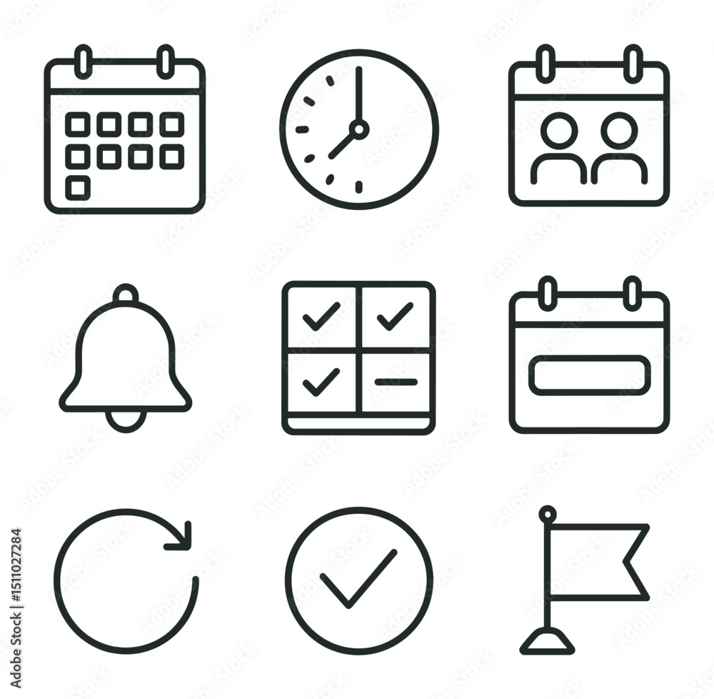 Poster calendar icon set. outline icon set of calendar and scheduling tools: month view calendar, day view 
