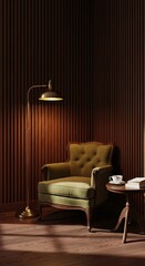 Elegant armchair with a floor lamp in a warm, cozy space. The scene evokes a sense of comfort and relaxation