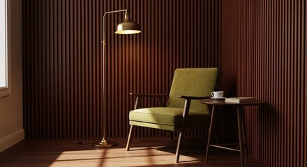 A cozy corner with armchair, floor lamp, and side table