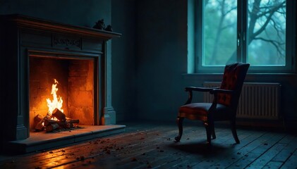 A single, empty chair sits by a cold, crackling fireplace; the room is dimly lit, highlighting the feeling of isolation and chill , light, empty chair winter, room