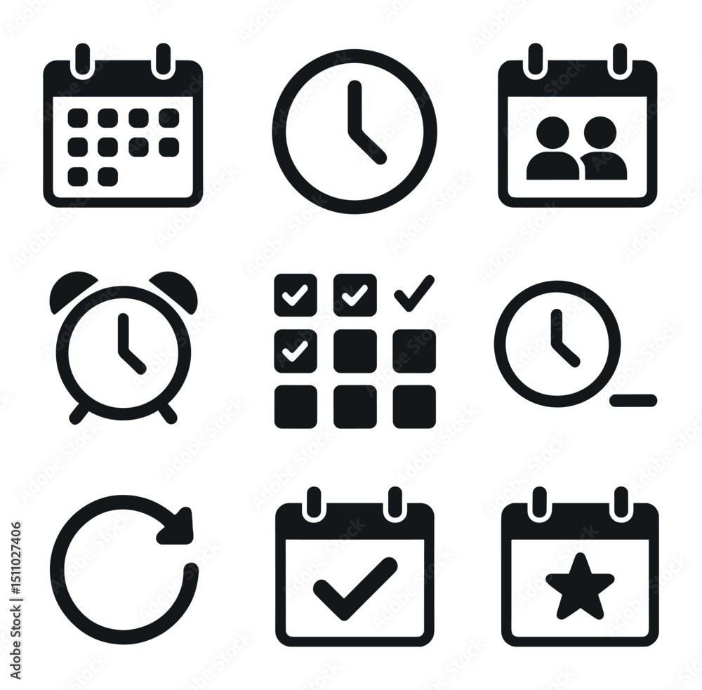 Poster calendar tools icons. flat icon set of calendar and scheduling tools: month view calendar, day view 