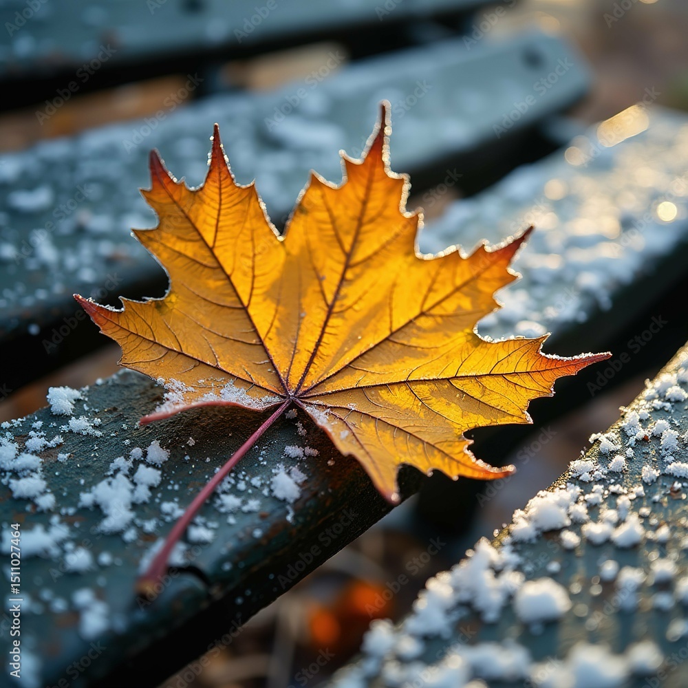 Poster close single maple leaf resting wooden bench leaf orange color has pointed tip lying edge bench its 