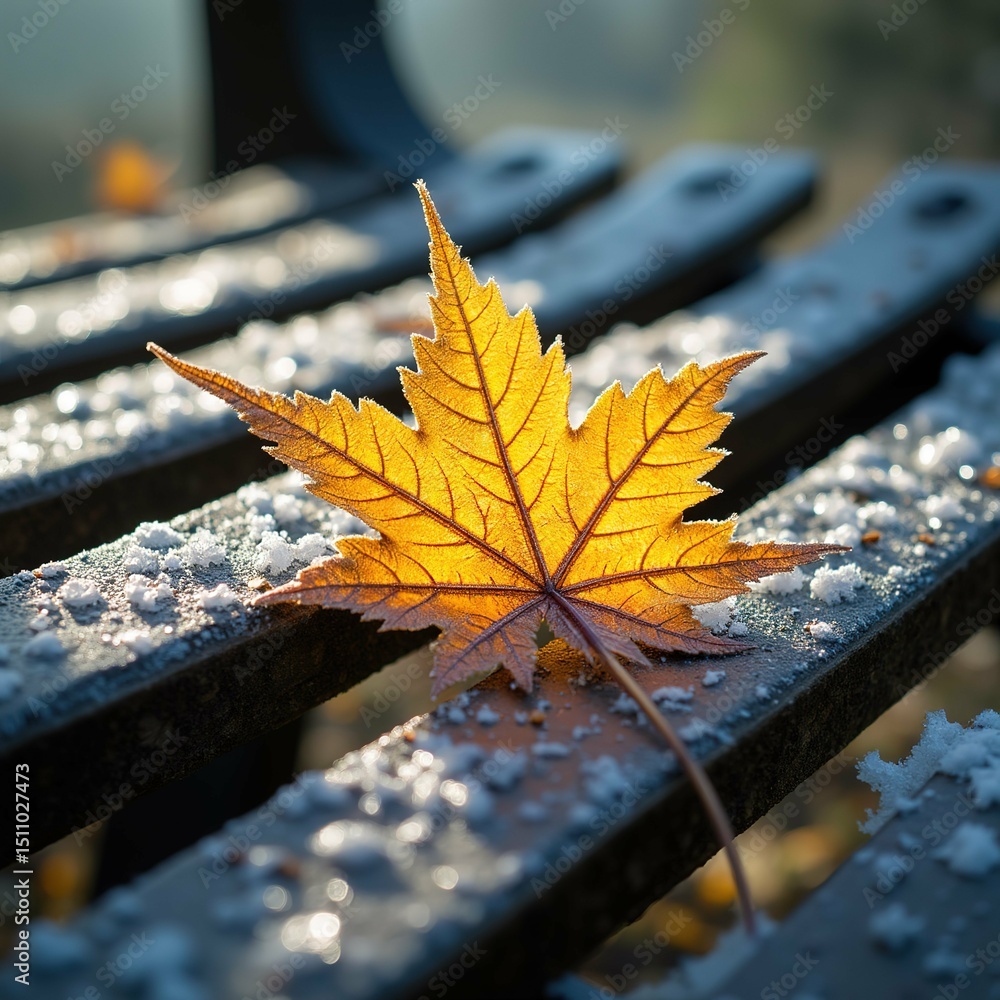 Poster close single maple leaf resting wooden bench leaf orange color has pointed tip lying edge bench whic