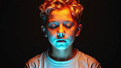 a boy illuminated by the light of a mobile phone in the dark