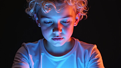 a boy illuminated by the light of a mobile phone in the dark