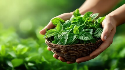 A close-up of hands holding a basket of fresh mint leaves, symbolizing nature's bounty and the beauty of organic gardening and healthy living in lush surroundings.