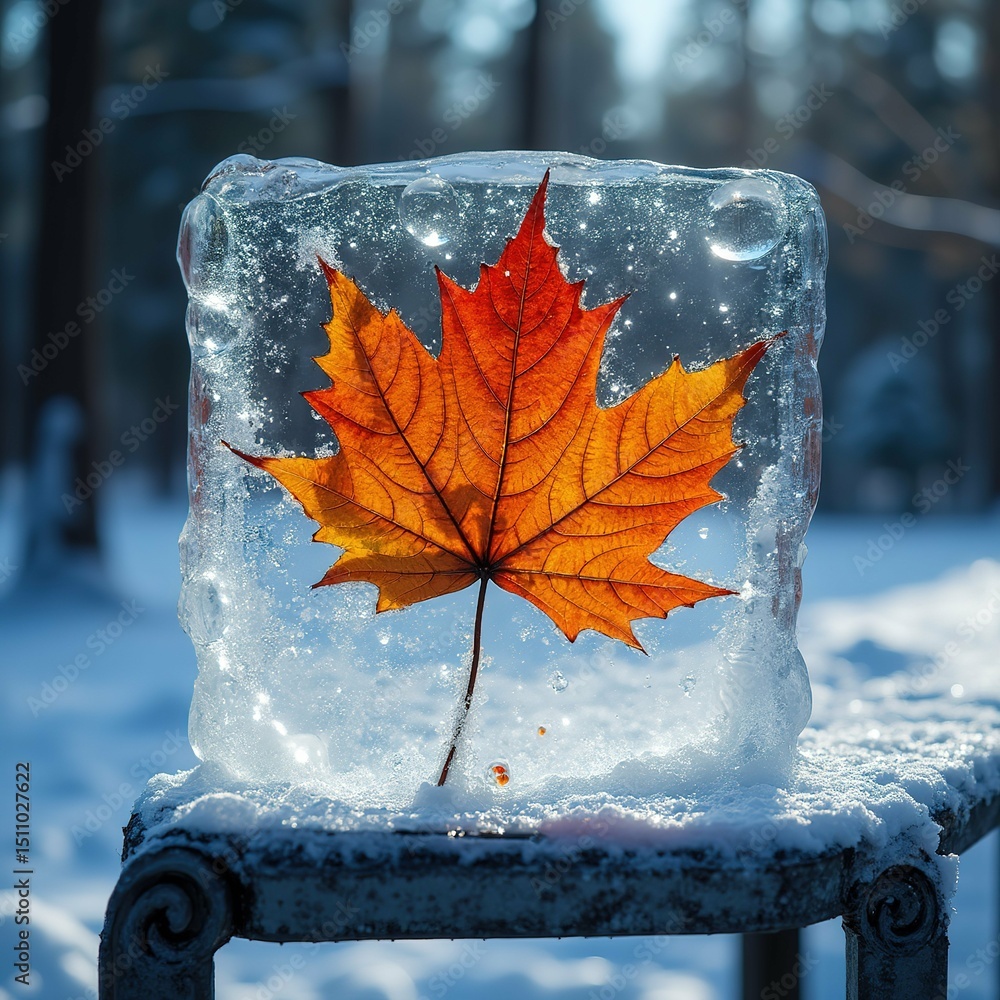 Poster photograph ice cube single orange maple leaf top ice cube sitting metal railing covered snow trees b