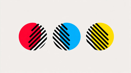 Three circles red blue and yellow with black and white lines on a light background in a row design