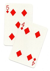 A pair of playing cards in the suit of diamonds isolated on a white background.