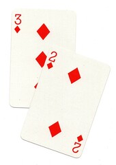 A pair of playing cards in the suit of diamonds isolated on a white background.