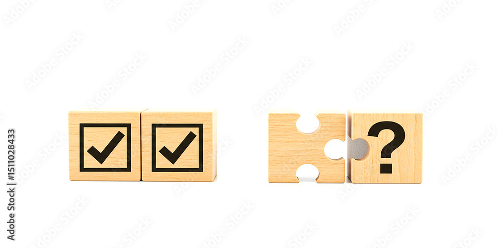 Poster two blocks with check marks and two blocks with a puzzle piece and question mark on white