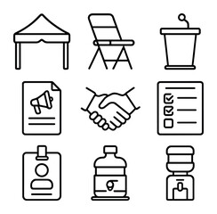 Fototapeta na wymiar Community Events Icon Set. Outline icon set of community organizing events: community tent, folding chair, microphone podium,