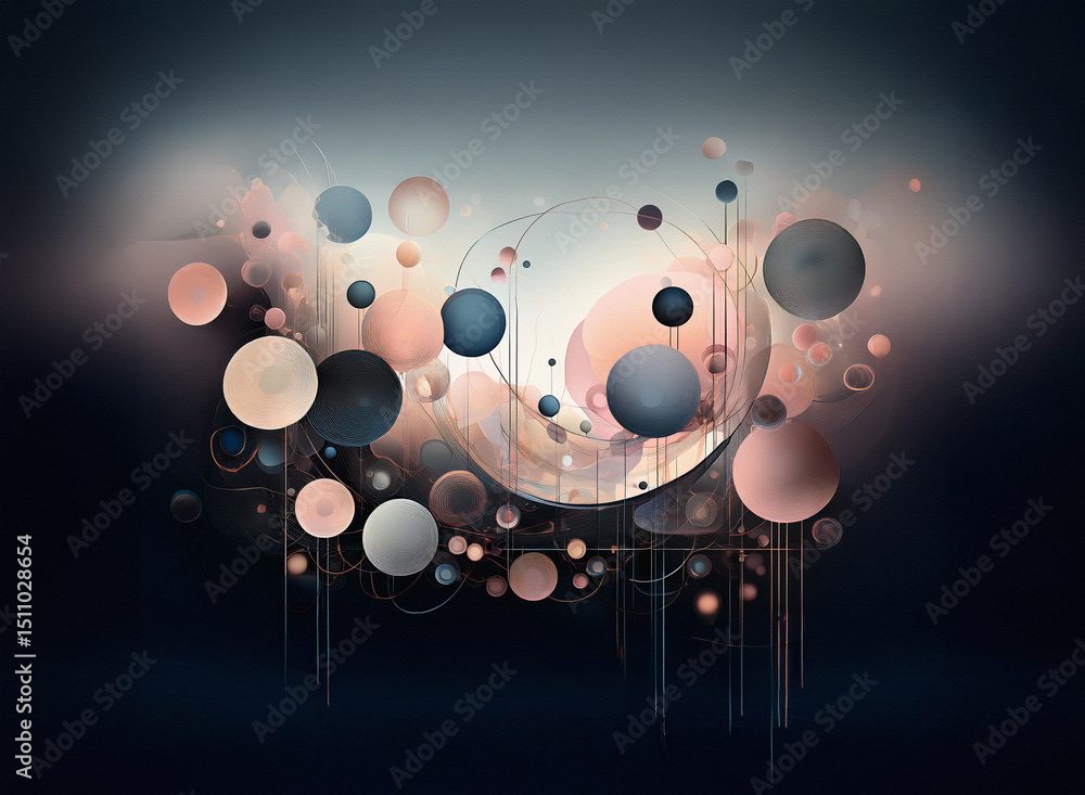 Poster abstract composition with floating spheres and lines, set against a gradient background. cosmic, dig