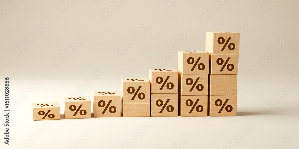 Poster wooden blocks arranged in ascending order with percentage signs on each block on a light background