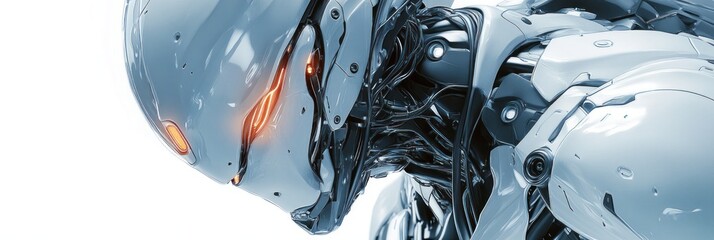 Sleek Anime Robot Close-Up with Intricate Metallic Details and Orange Glowing Eyes