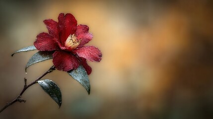   A clearer image of a red flower on a twig surrounded by sharp focus on the foliage in the background