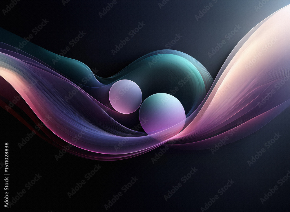 Poster abstract flowing shapes in soft colors with two spheres on a dark background, creating a serene visu