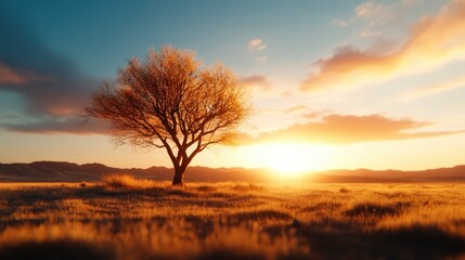 Fototapeta premium A breathtaking image of a solitary tree silhouetted by a vibrant sunset, capturing the serene beauty of nature and evoking feelings of peace and tranquility in an expansive landscape.