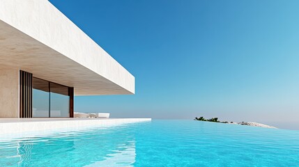 Fototapeta premium An elegant modern villa with an infinity pool showcases contemporary architecture and luxurious surroundings, highlighting the beauty of minimalist design against a clear sky.