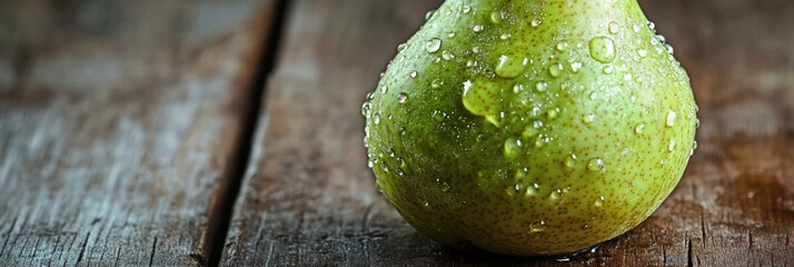 Fresh green pear with glistening water droplets on a rustic wooden surface close up
