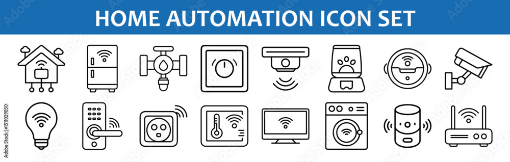 Poster home automation system icons smart house technology iot devices appliances vector line drawing style