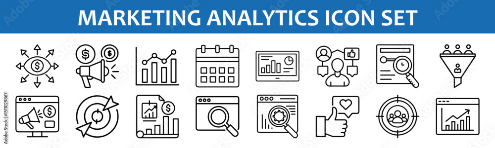 Poster marketing analytics icon set for seo and data analysis strategy with business growth analysis
