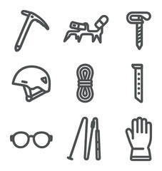 Fototapeta premium Ice Climbing Gear Icons. Outline icon set of ice climbing tools: ice axe, crampons, ice screw, helmet, rope, snow picket, glacier