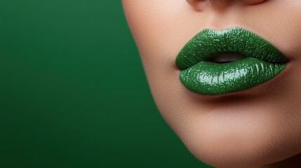 A stunning close-up of glossy green lips, showcasing a sparkling lipstick finish against a vibrant green background, perfect for beauty and fashion contexts.