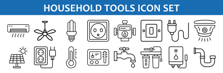 Household tools icon set vector illustration featuring air conditioner and light bulb icon design