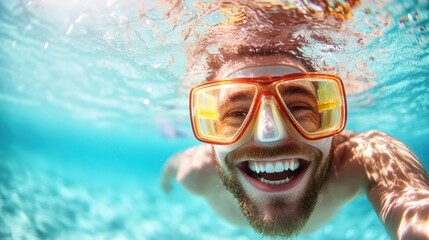 Naklejka premium A joyful young man wearing snorkeling gear grinning underwater, capturing the essence of fun, adventure, and exploration in aquatic environments, filled with sunlight.