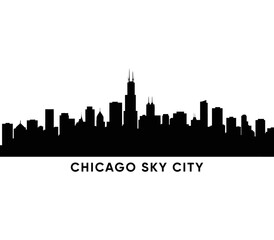 Fototapeta premium Flat vector silhouette of the Chicago city skyline with urban buildings and architecture, high contrast style with white background 
