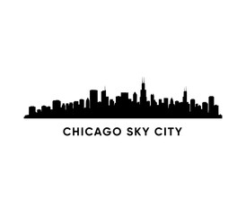 Solid black silhouette of Chicago city skyline with iconic skyscrapers and urban skyline, on a white background