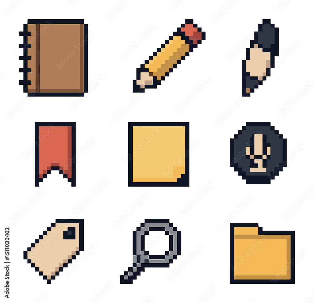 Poster note-taking icon set. pixel art icon set of note-taking applications: notebook, pencil, highlighter,