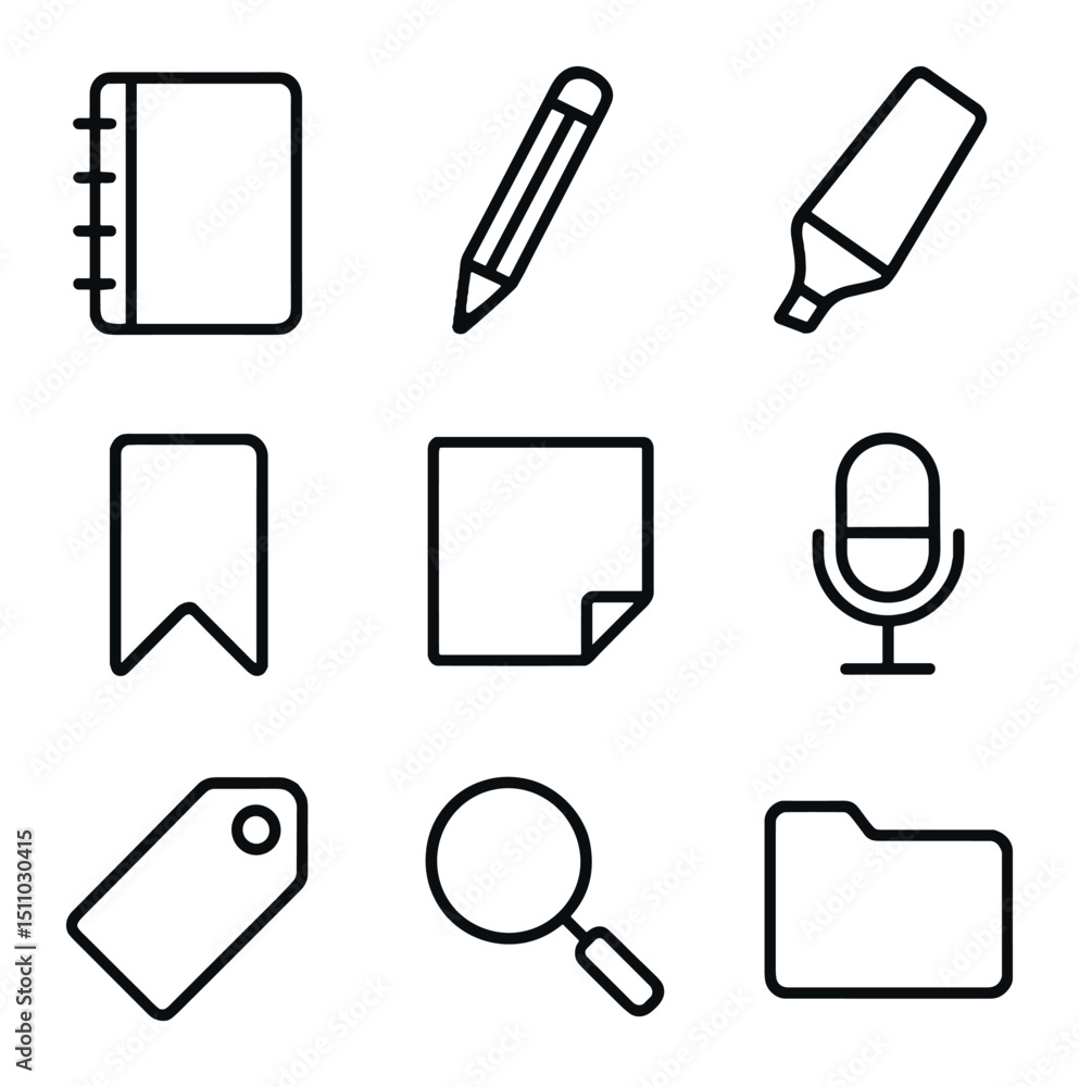 Poster note-taking icon set. outline icon set of note-taking applications: notebook, pencil, highlighter, b