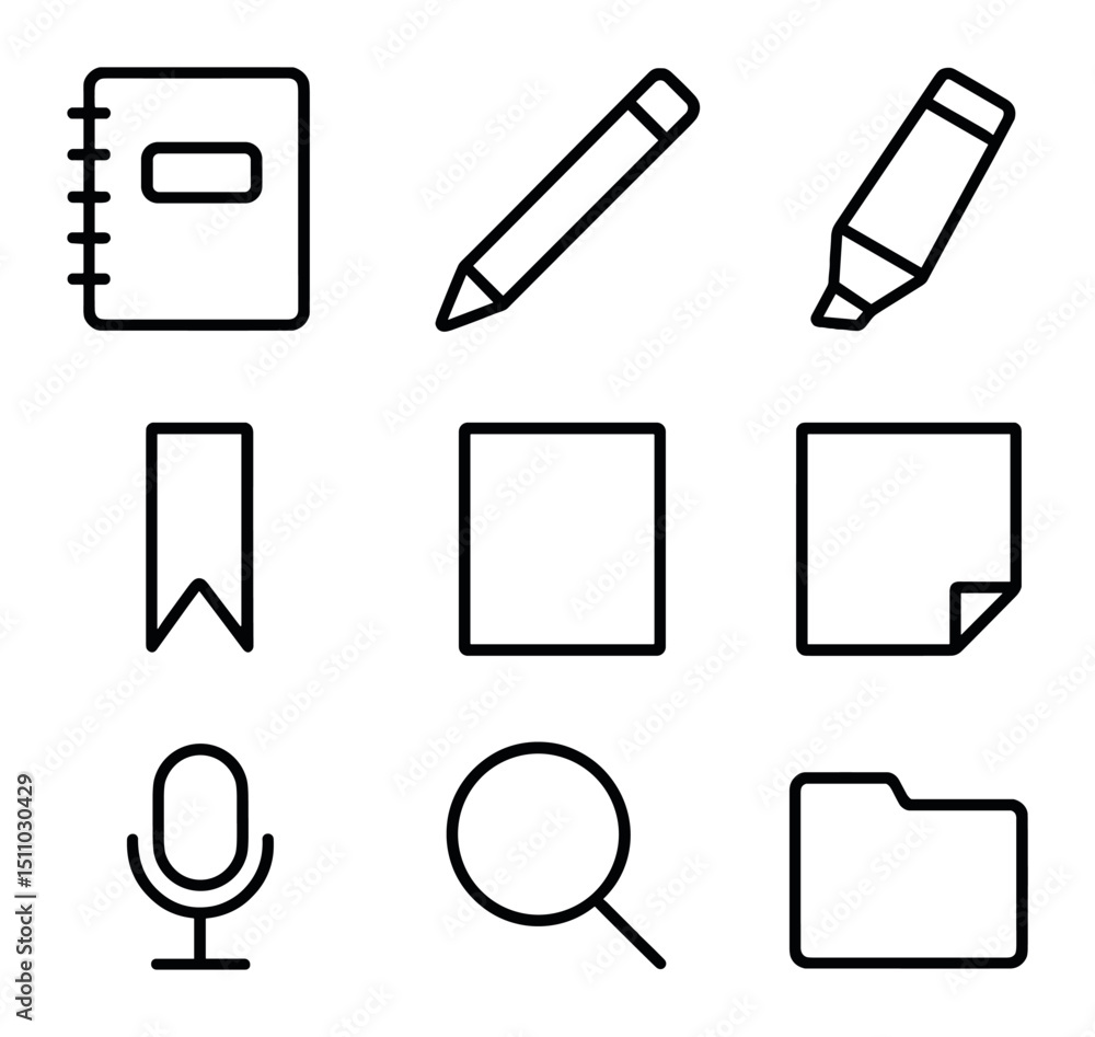 Poster note-taking icon set. outline icon set of note-taking applications: notebook, pencil, highlighter, b