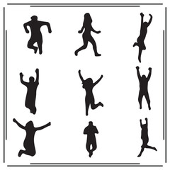Jumping and Running Silhouette People – Dynamic Human Poses Vector Set – Black Action Figures for Fitness, Dance, Celebration, Sports Poster, and Energetic Human Movement Illustrations

