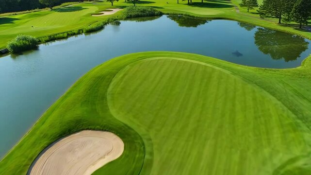 Aerial view of golf course with sand trap, green grass, and water hazard in summer landscape for recreation, sports, tournament, leisure activity, outdoor lifestyle, professional training
