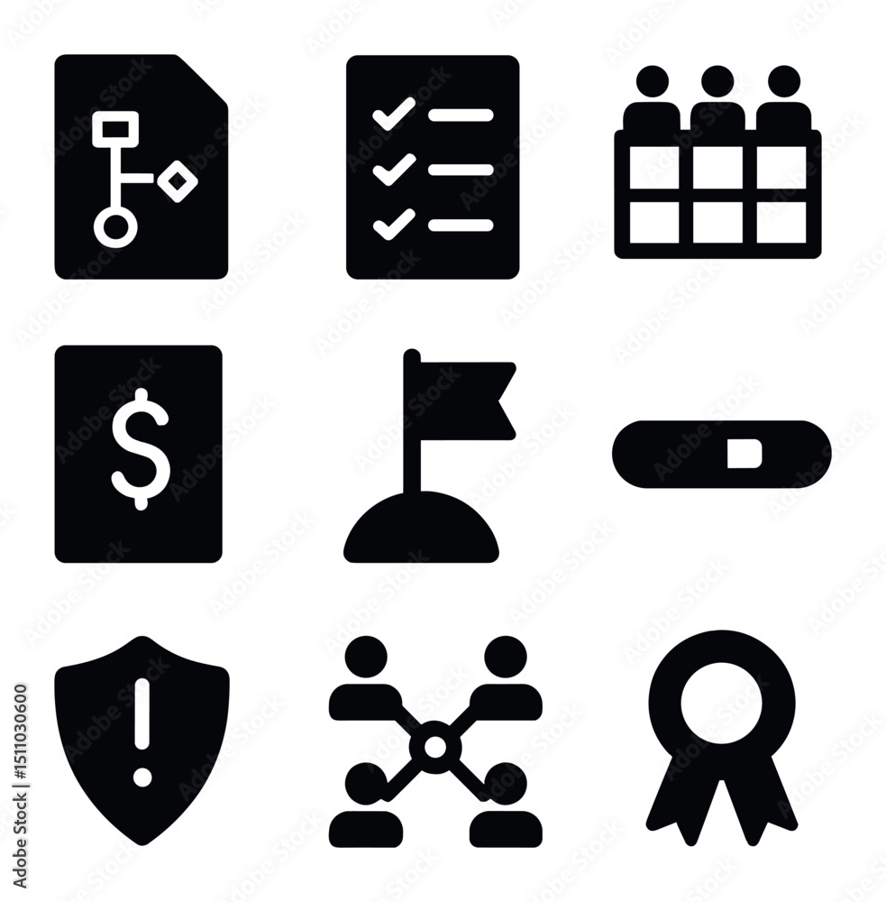 Poster project management icons. solid, filled icon set of project management stages: project charter, task