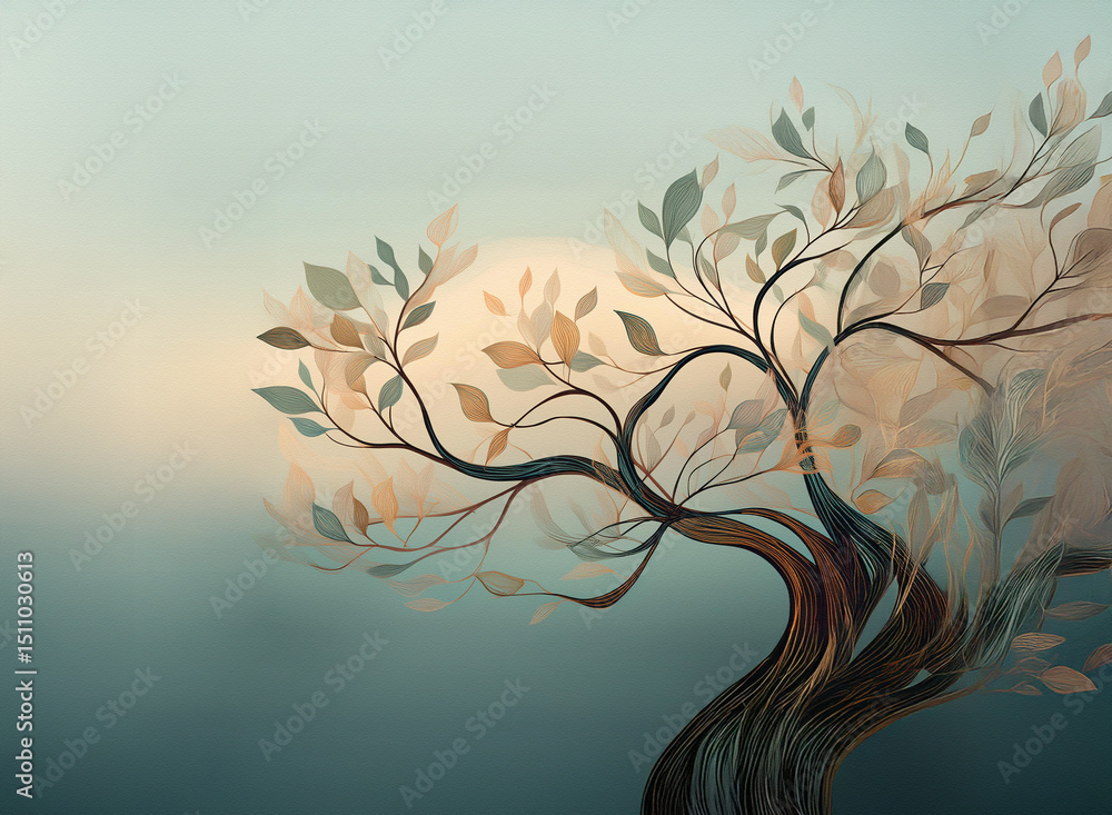 Poster a beautiful stylized tree with elegant branches and soft leaves stands against a serene gradient bac